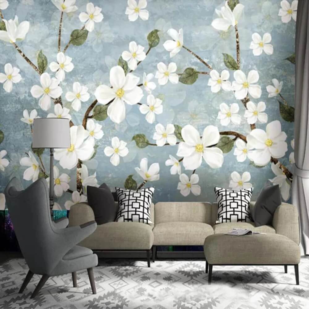 Minimalist Blossom Flowers Blue Mural Wallpaper (SqM)