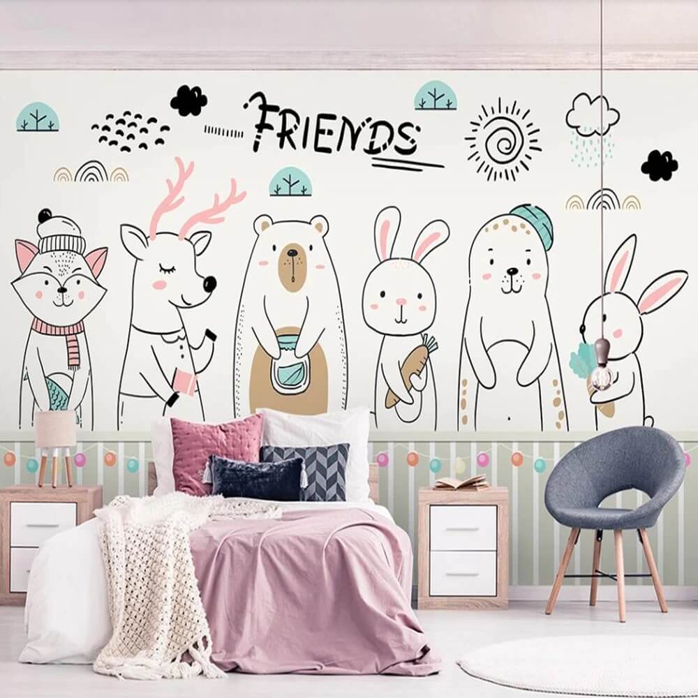 Minimalist Cartoon Sketch Animals Mural Wallpaper (SqM)
