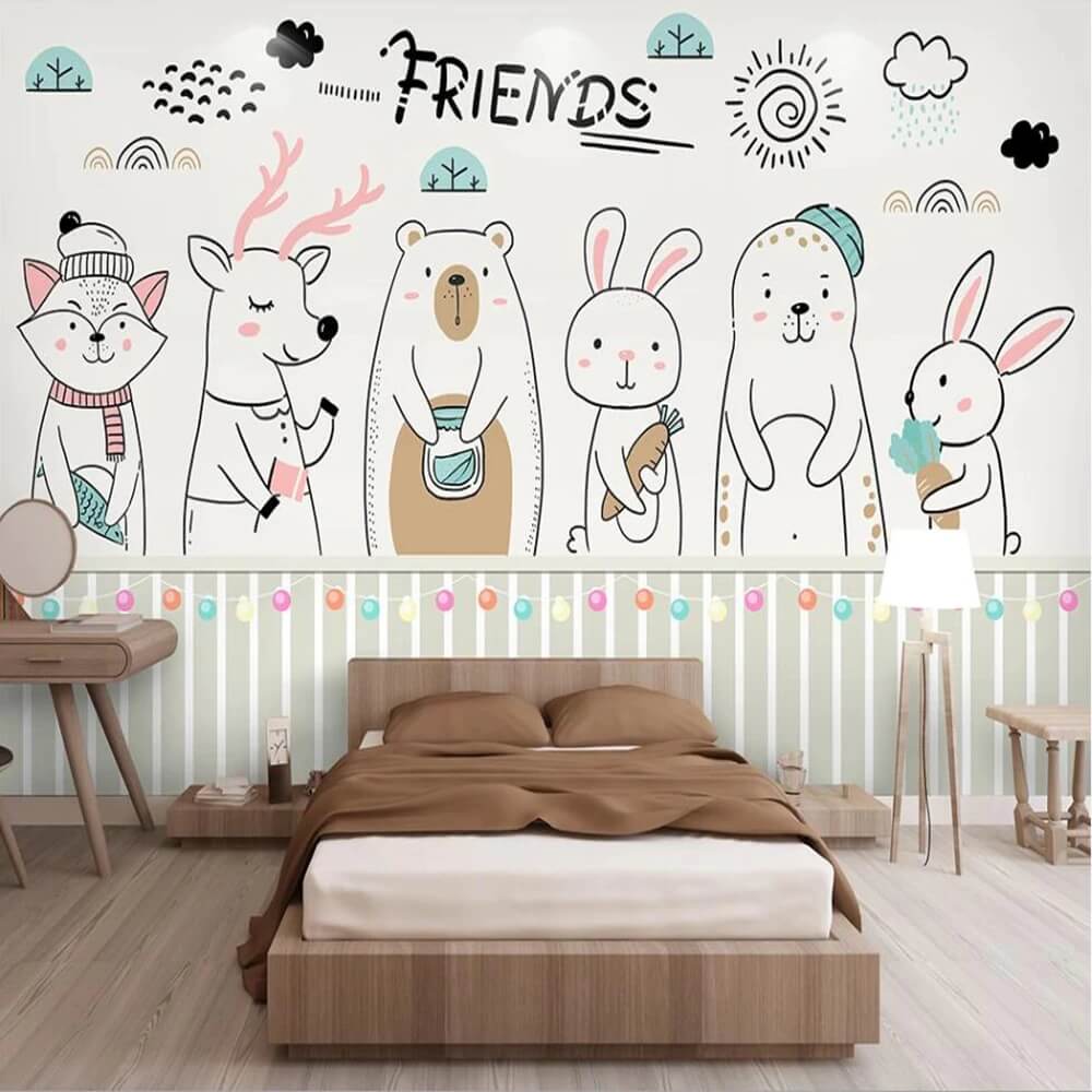Minimalist Cartoon Sketch Animals Mural Wallpaper (SqM)