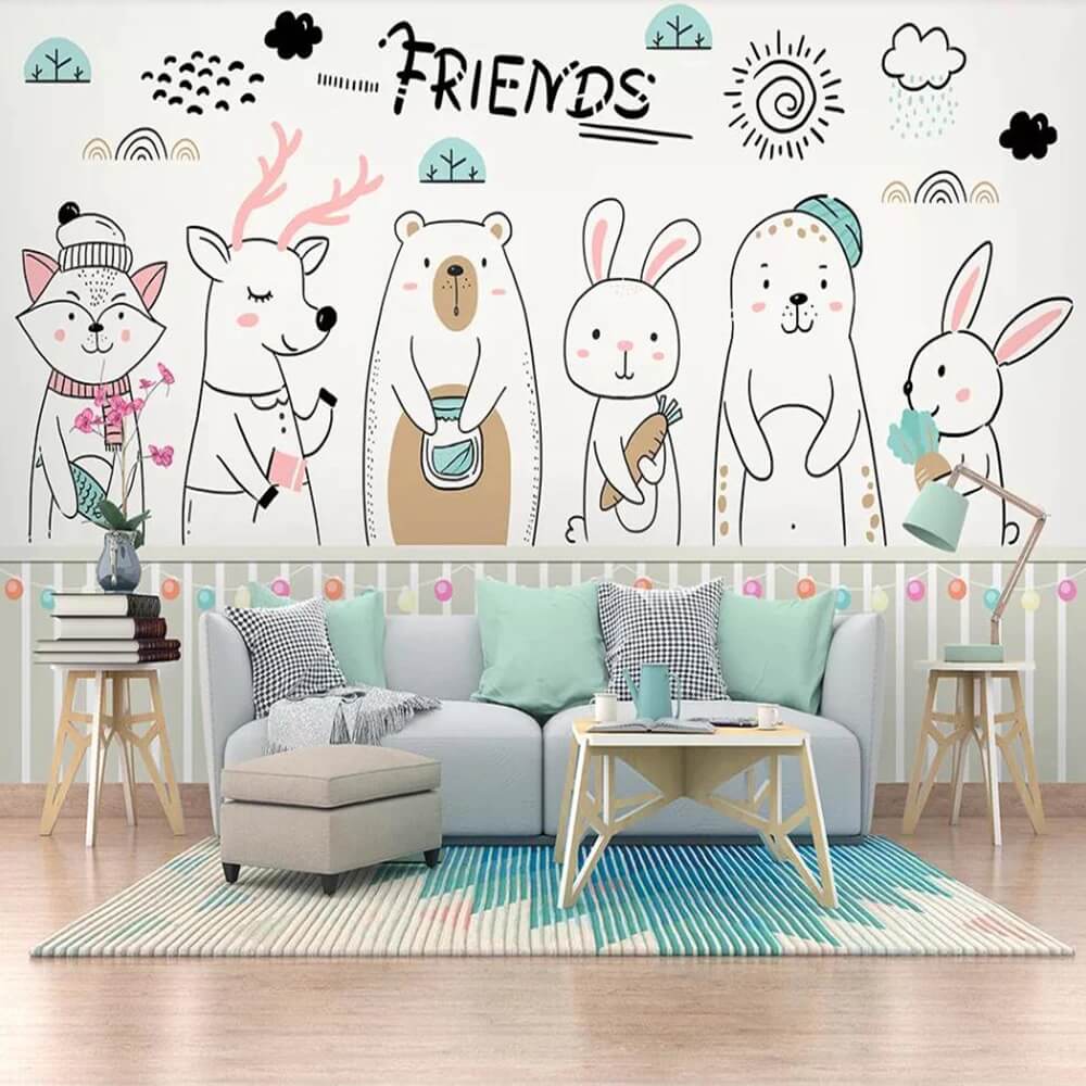 Minimalist Cartoon Sketch Animals Mural Wallpaper (SqM)