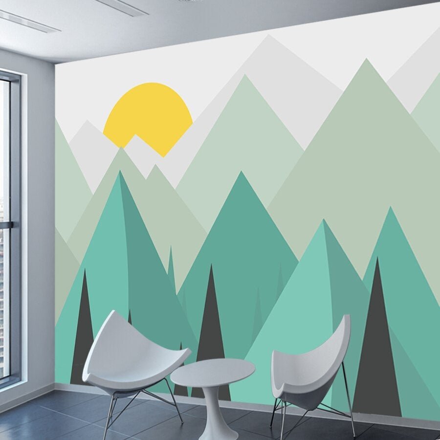 Minimalist Green Mountain Sunrise Mural Wallpaper  (SqM)