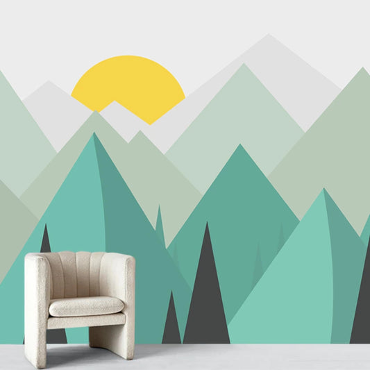 Minimalist Green Mountain Sunrise Mural Wallpaper  (SqM)