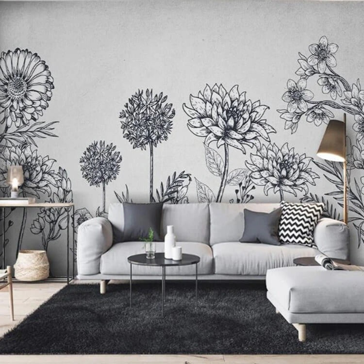 Minimalist Nordic Black and White Flowers Mural Wallpaper (SqM)