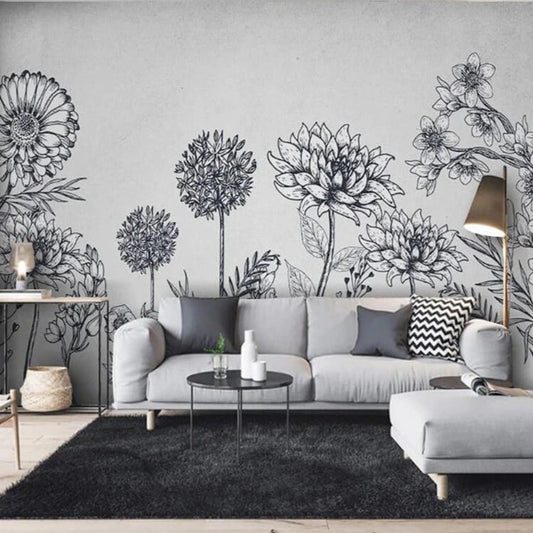 Minimalist Nordic Black and White Flowers Mural Wallpaper (SqM)