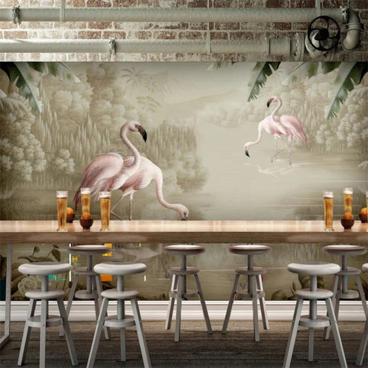 Modern Pink Flamingo Illustration Mural Wallpaper (SqM)