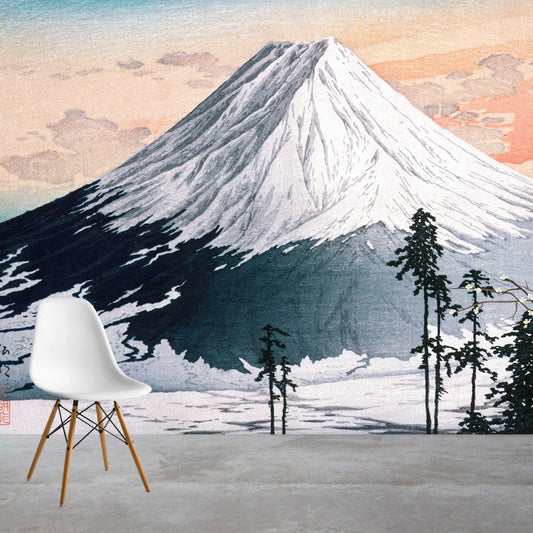 A mount in dark blue and white colors in winter in the sunset mural wallpaper for living room