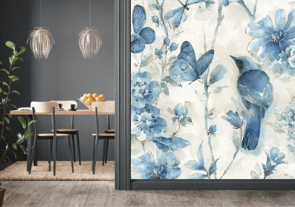 Watercolor Blue Flowers and Birds Mural Wallpaper (SqM)