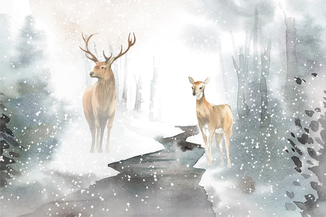 Pair of Deer in a Winter Wonderland Mural Wallpaper (SqM)
