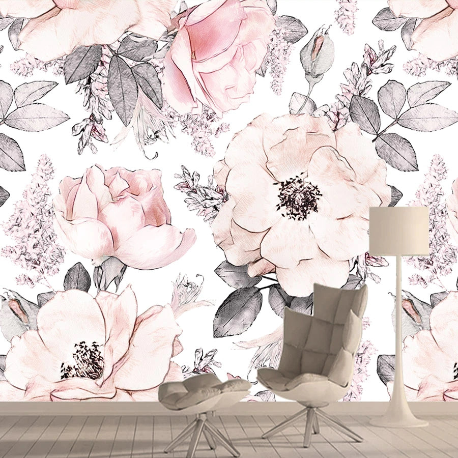 Nordic Pink Roses Mural Wallpaper (SqM)