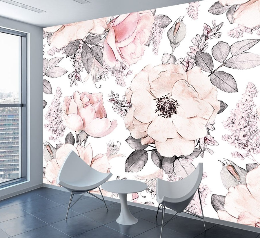 Nordic Pink Roses Mural Wallpaper (SqM)