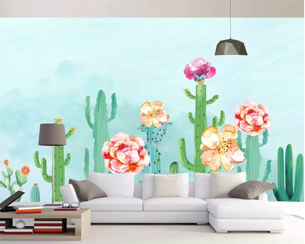 Pastel Cactus Flowers Mural Wallpaper (SqM)