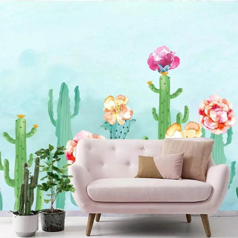 Pastel Cactus Flowers Mural Wallpaper (SqM)