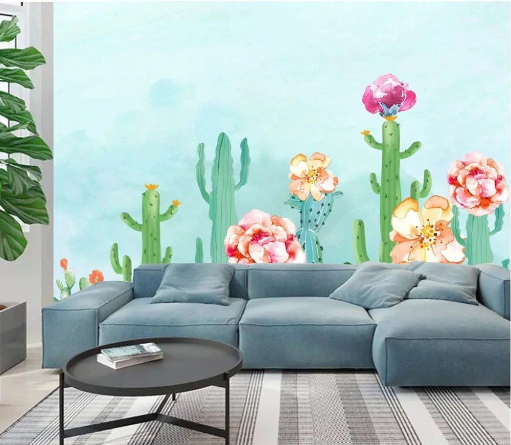 Pastel Cactus Flowers Mural Wallpaper (SqM)