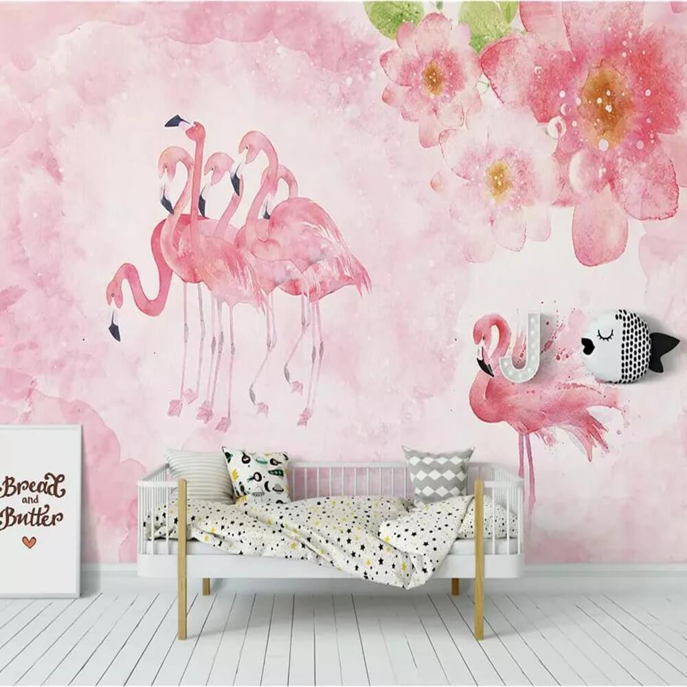 Pink Flowers and Flamingos Mural Wallpaper (SqM)