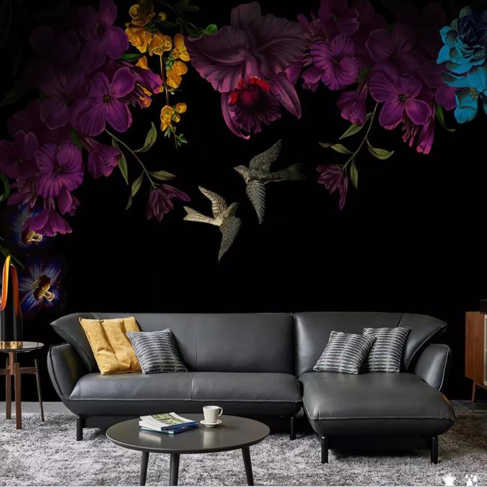 Purple and Black Floral Mural Wallpaper (SqM)