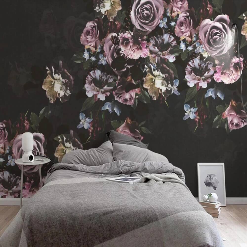 Purple Roses Black Mural Wallpaper (SqM)