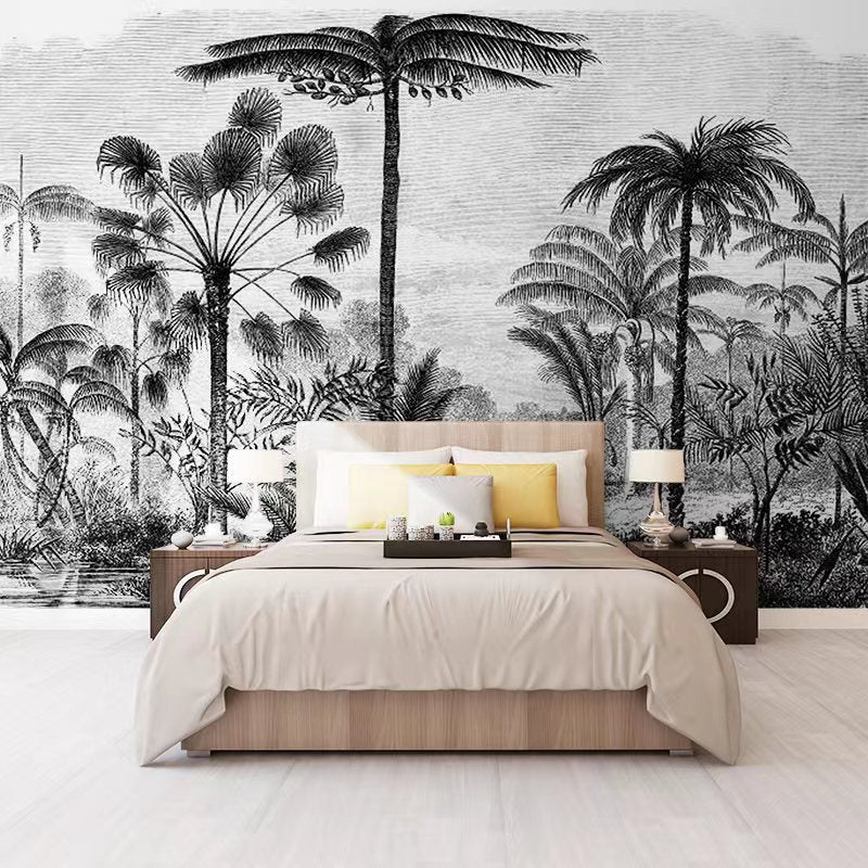 Vintage Black and White Tropical Palms Mural Wallpaper (SqM)