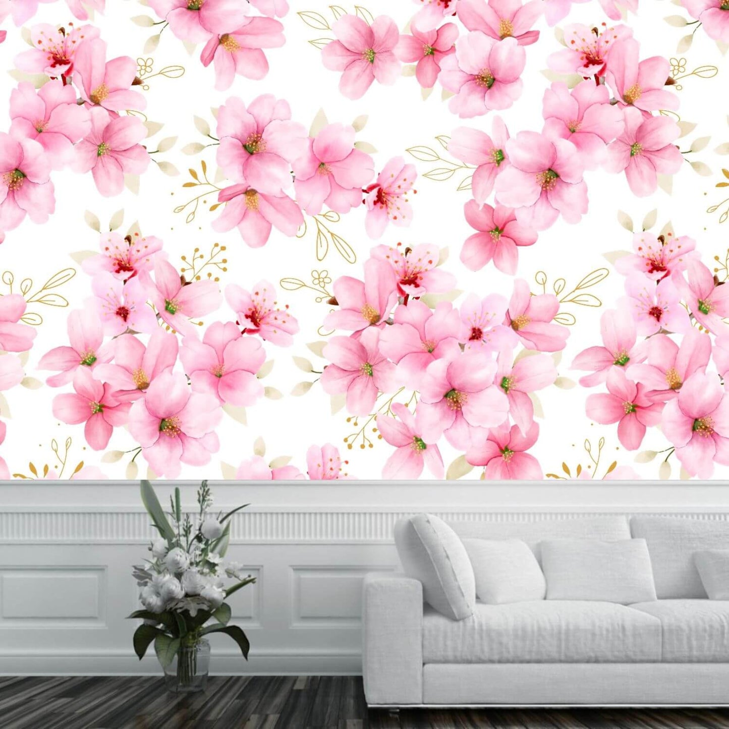 Watercolor Pink Cherry Blossoms Mural Wallpaper (SqM)
