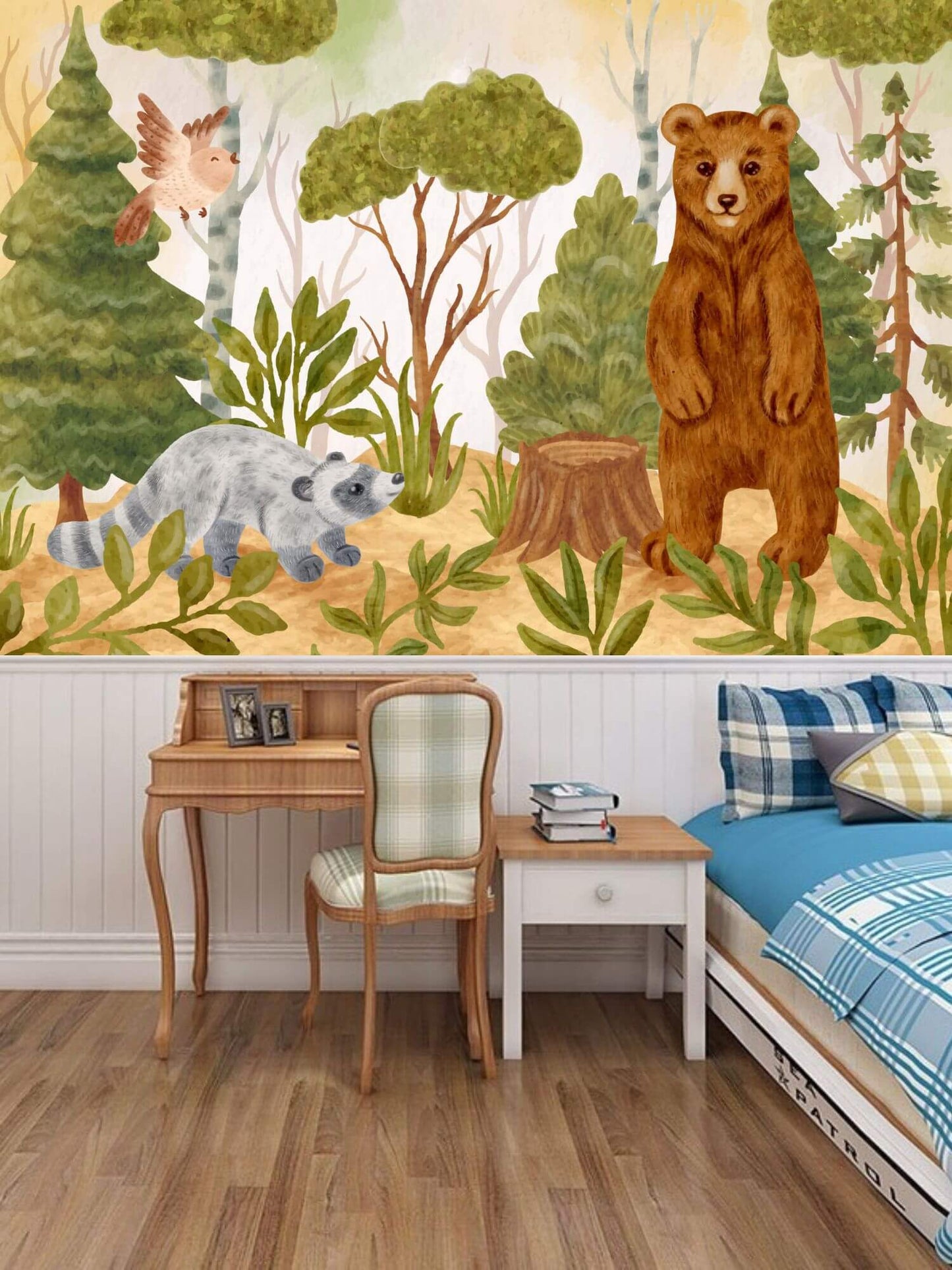 Watercolor Bear and Raccoon Forest Mural Wallpaper (SqM)