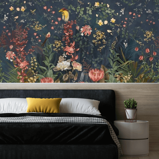 Retro Pastoral Flowers Black Mural Wallpaper (SqM)