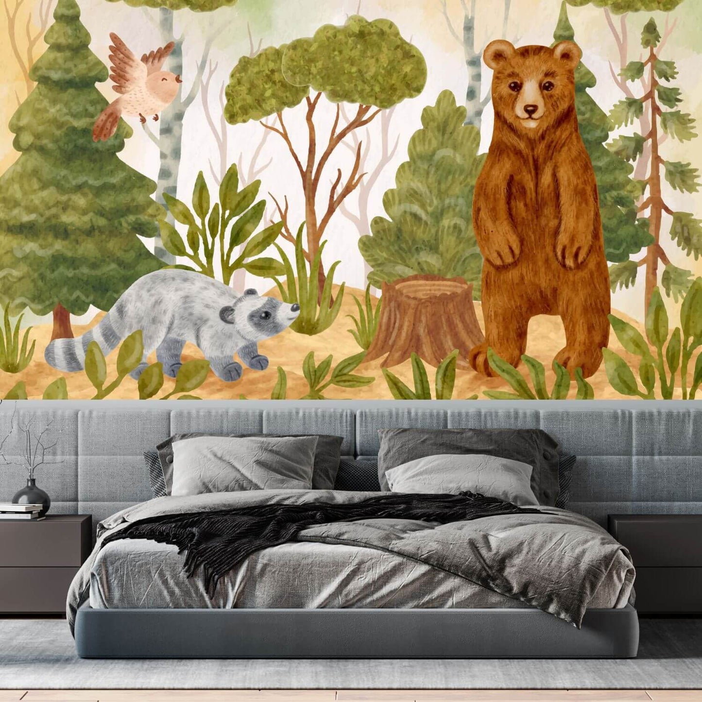 Watercolor Bear and Raccoon Forest Mural Wallpaper (SqM)