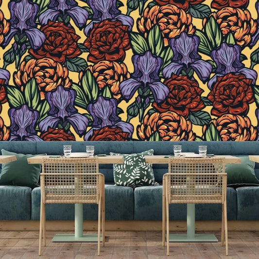 Retro Roses and Irises Floral Mural Wallpaper (SqM)