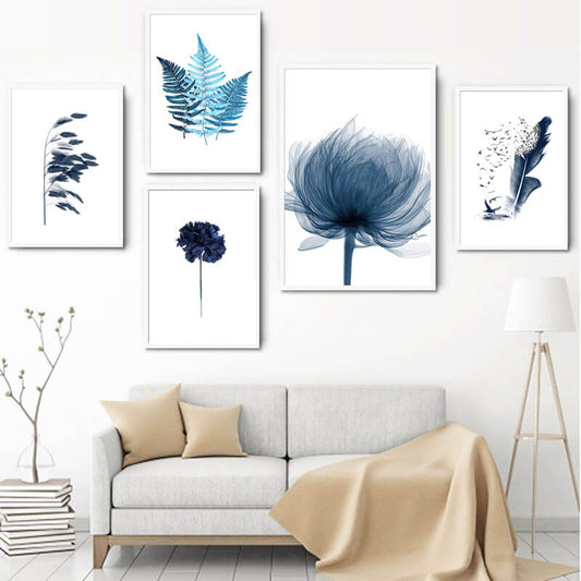 Watercolor Blue Leaf Feather Canvas Prints | Minimalist Nordic Wall Art Botanical Poster For Living Room Bedroom Modern Home Décor