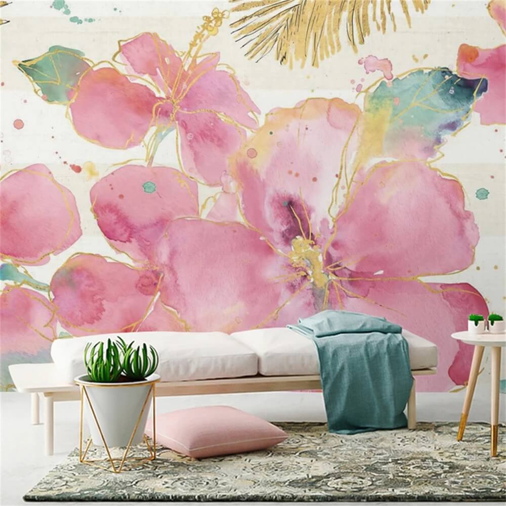 Watercolor Pink Flowers Mural Wallpaper (SqM)