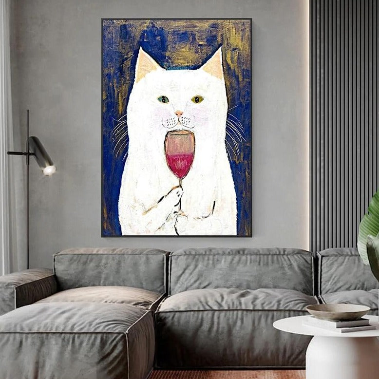 White Cat Taste Red Wine Canvas Print | Cartoon Nordic Poster Minimalist Wall Art For Modern Home Décor