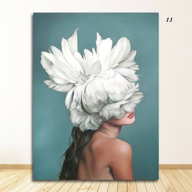 Women with Flowers Feather Head Canvas Prints | Empower Woman Abstract Fashion Nordic Style Wall Art Modern Poster For Living Room Bedroom Home Décor
