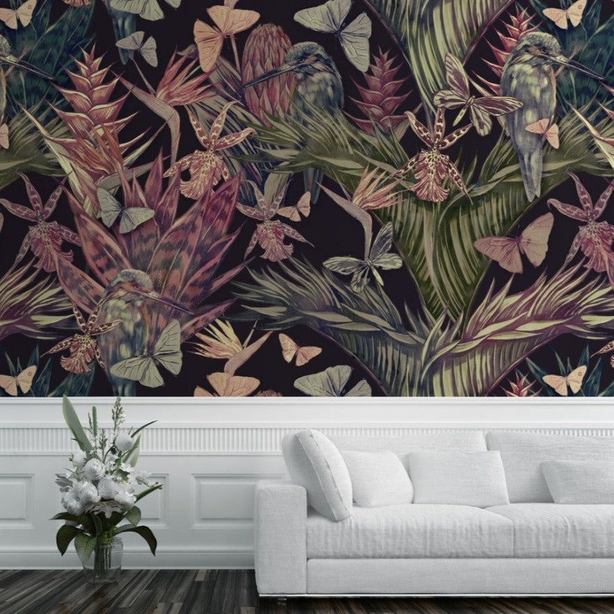 Hummingbirds and Butterflies on Tropical Leaves Mural Wallpaper (SqM)