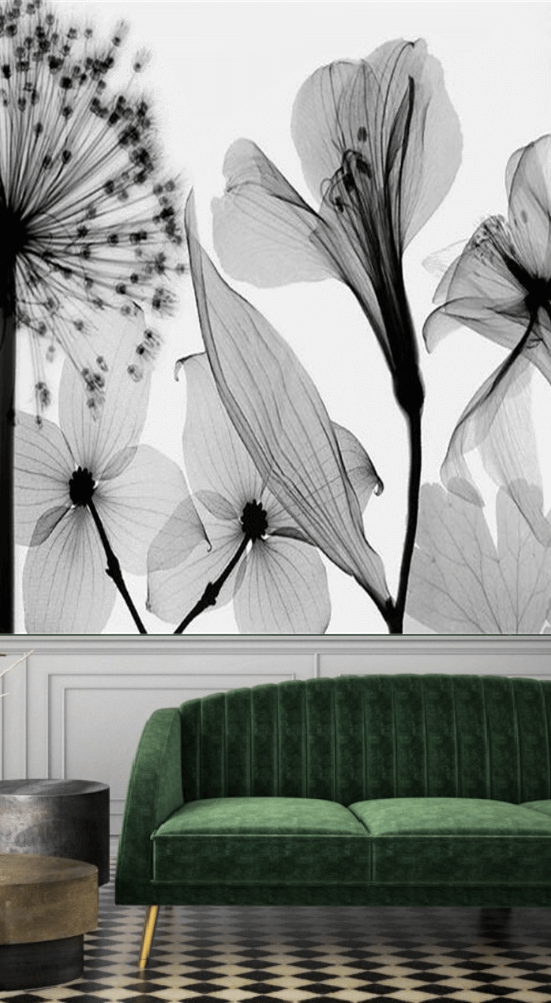 Black and White Nordic Flowers Mural Wallpaper (SqM)