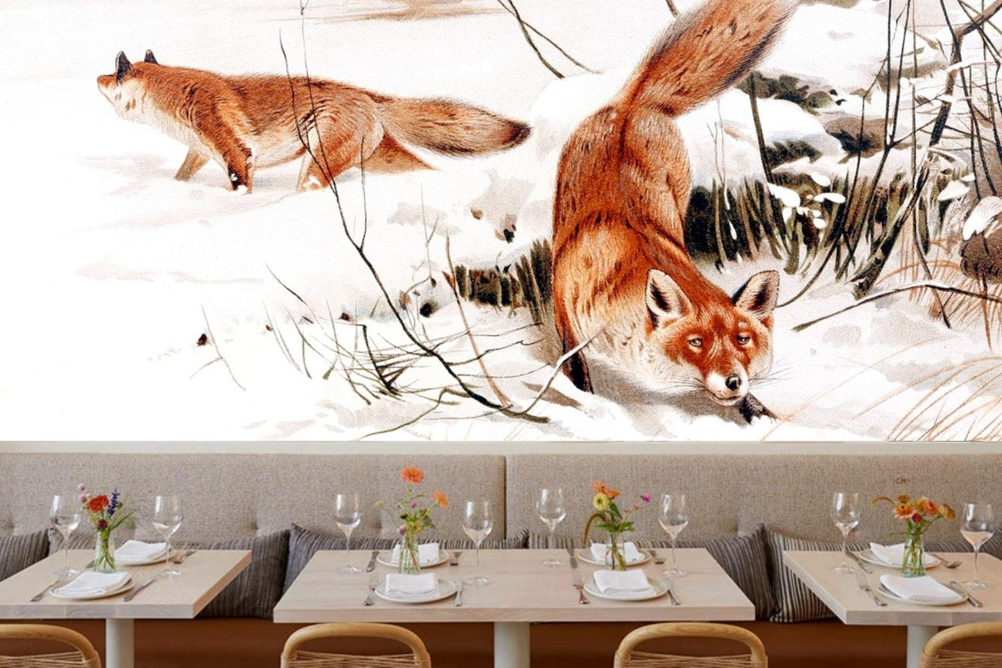 Common Foxes in the Snow Art Mural Wallpaper (SqM)