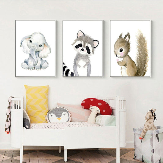 Cute Elephant Giraffe Squirrel Fox Raccoon Watercolor Canvas Prints | Minimalist Nordic Style Animals Wall Art For Kids Room Living Room Nursery Décor