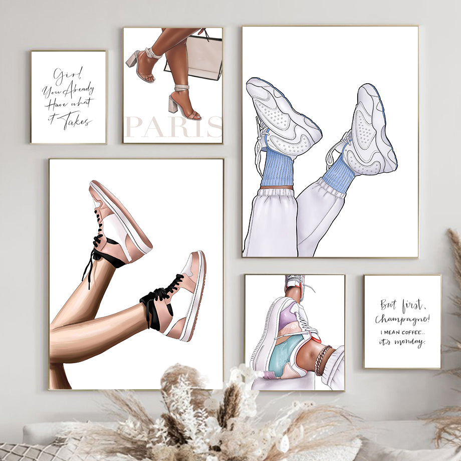 Fashion Paris Girl High Heels Shoes Canvas Prints | Minimalist Nordic Style Poster For Living Room Bedroom Girls Room Home Décor