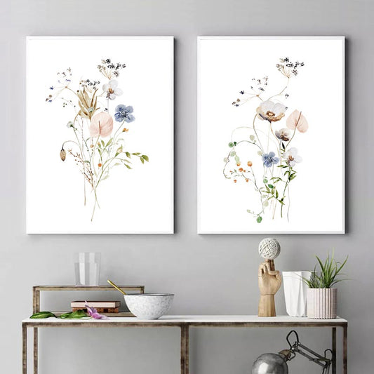 Minimalist Grass and Flowers Canvas Prints | Nordic Abstract Poster Watercolor Farm Plants Wall Art For Living Room Bedroom Dining Room Décor