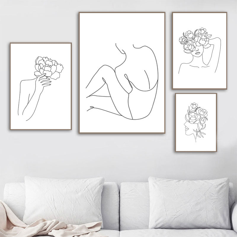 Minimalist Flower Woman Line Art Canvas Prints | Nordic Black and White Line Drawing Poster For Modern Living Room Bedroom Home Décor
