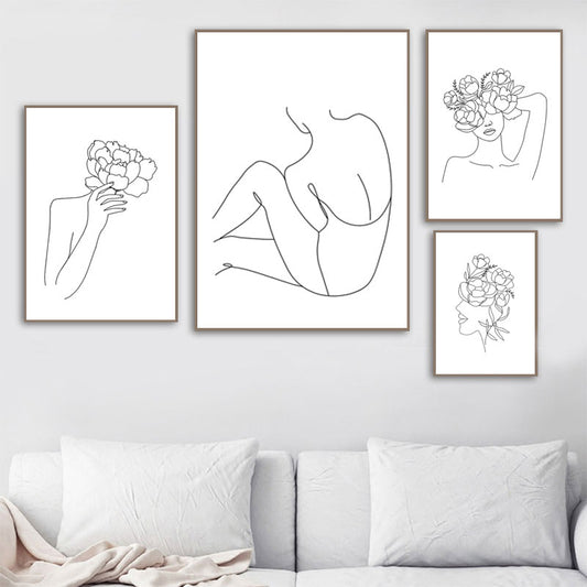Minimalist Flower Woman Line Art Canvas Prints | Nordic Black and White Line Drawing Poster For Modern Living Room Bedroom Home Décor