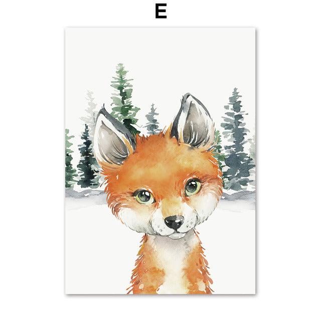 Fox Raccoon Owl Wolf Forest Canvas Prints | Nordic Woodland Animals Poster For Kids Room Living Room Home Décor