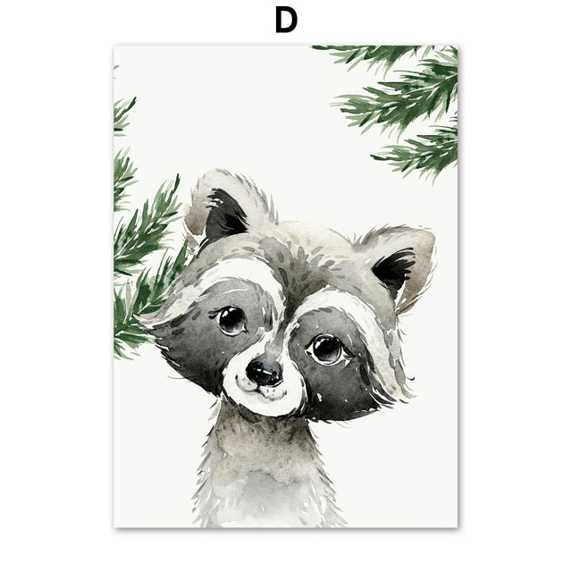Fox Raccoon Owl Wolf Forest Canvas Prints | Nordic Woodland Animals Poster For Kids Room Living Room Home Décor