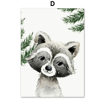 Fox Raccoon Owl Wolf Forest Canvas Prints | Nordic Woodland Animals Poster For Kids Room Living Room Home Décor
