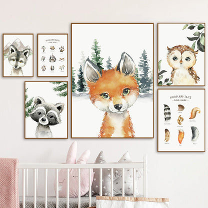 Fox Raccoon Owl Wolf Forest Canvas Prints | Nordic Woodland Animals Poster For Kids Room Living Room Home Décor