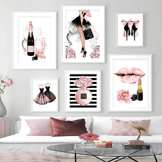 Elegant Girl Perfume Lipstick High Heels Canvas Prints | Minimalist Nordic Style Pink Poster For Living Room Girls Room Modern Décor