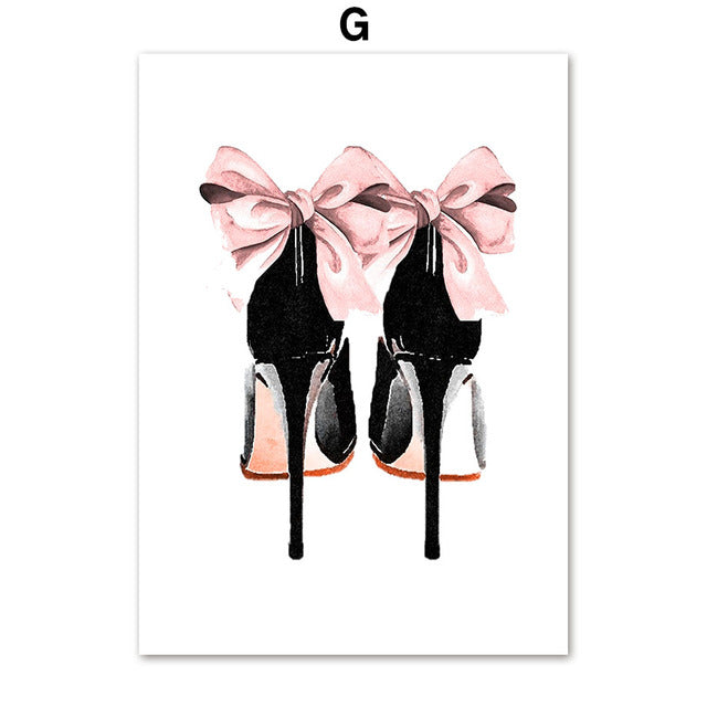 Elegant Girl Perfume Lipstick High Heels Canvas Prints | Minimalist Nordic Style Pink Poster For Living Room Girls Room Modern Décor