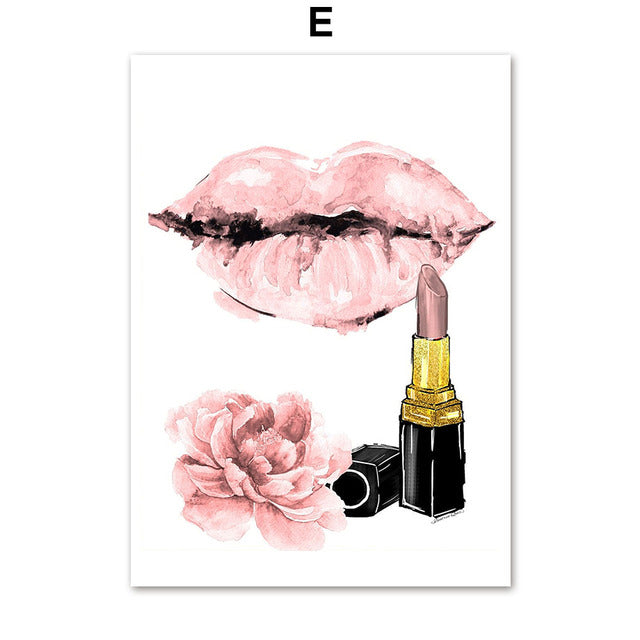 Elegant Girl Perfume Lipstick High Heels Canvas Prints | Minimalist Nordic Style Pink Poster For Living Room Girls Room Modern Décor