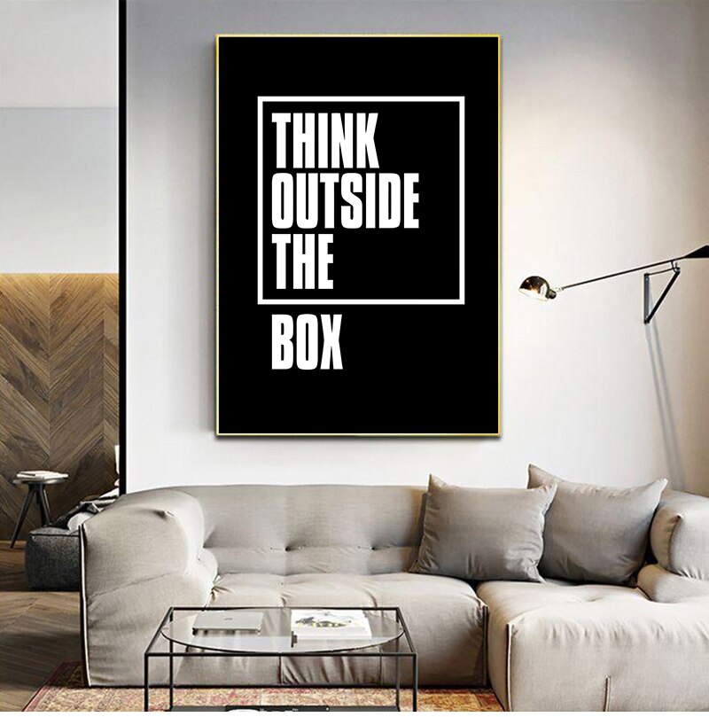 Think Outside the Box Inspirational Canvas Print | Black White Minimalist Motivational Productivity Quotation Wall Art For Home Office Wall Decor