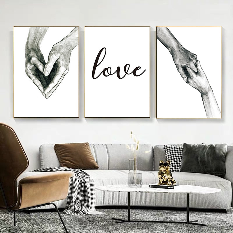 Black & White Love Hands Heart Canvas Prints | Modern Minimalist Wall Art For Bedroom Living Room