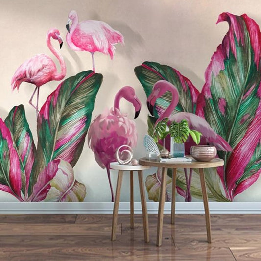 Pink Flamingos Tropical Leaves Mural Wallpaper (SqM)