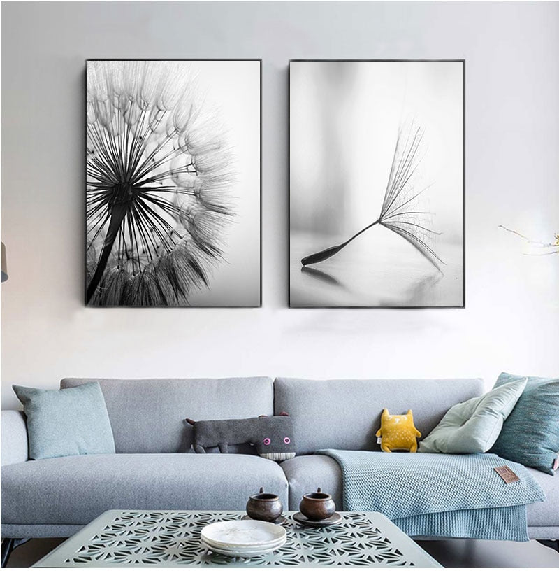 Modern Minimalist Black & White Dandelion Canvas Print | Flower Wall Art For Living Room Dining Room Scandinavian Home Office Art Decor