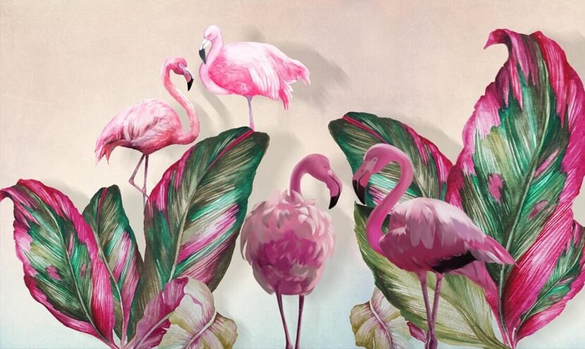 Pink Flamingos Tropical Leaves Mural Wallpaper (SqM)